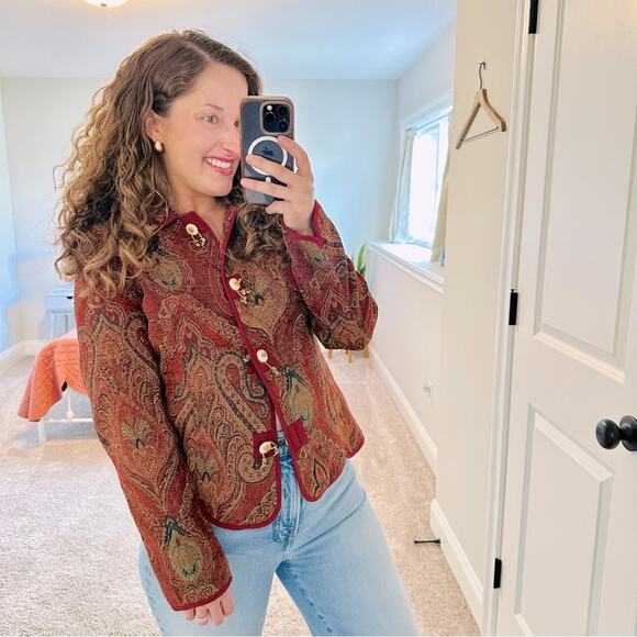 Vintage Coldwater Creek Red Tapestry Shell Button Up Jacket Small - Picture 1 of 11